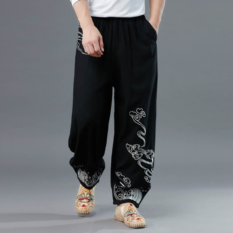 Pantalon en coton ethnique pour homme avec poches et taille élastique Buddha Stones et nuages