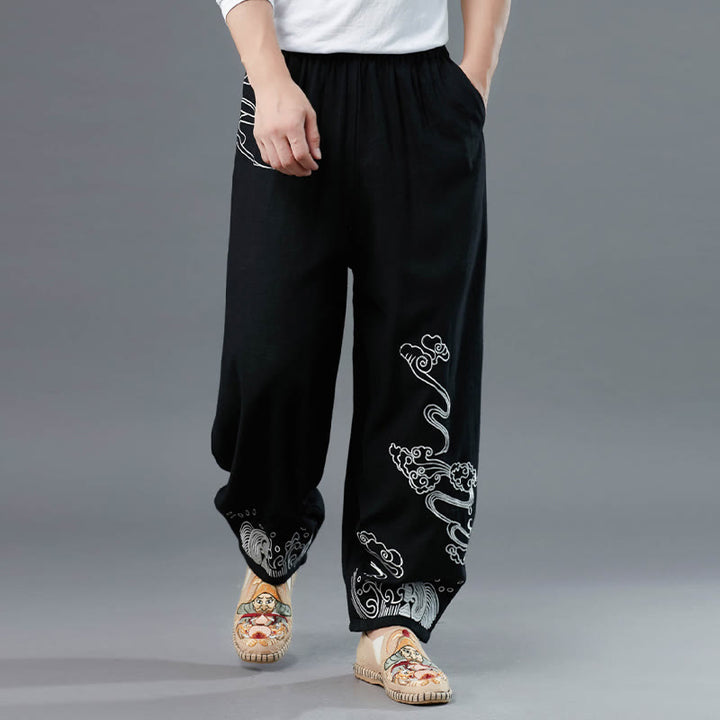 Pantalon en coton ethnique pour homme avec poches et taille élastique Buddha Stones et nuages