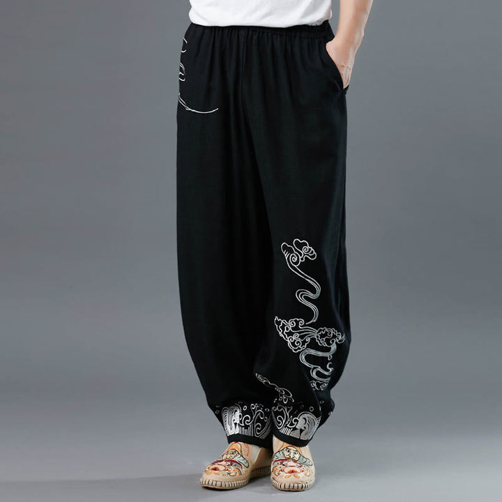 Pantalon en coton ethnique pour homme avec poches et taille élastique Buddha Stones et nuages