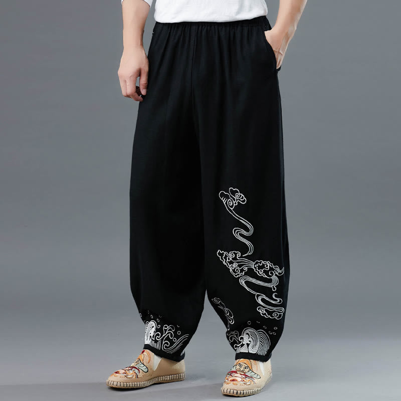 Pantalon en coton ethnique pour homme avec poches et taille élastique Buddha Stones et nuages