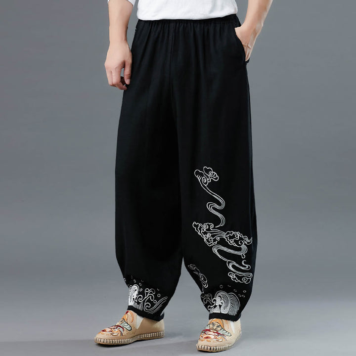 Pantalon en coton ethnique pour homme avec poches et taille élastique Buddha Stones et nuages