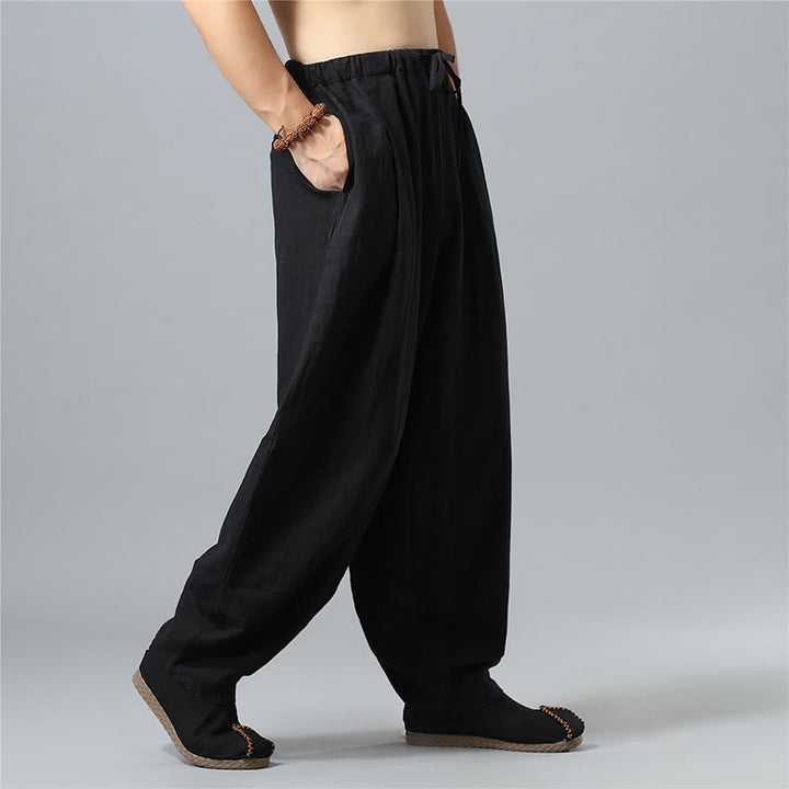 Pantalon décontracté en coton et lin pour homme avec cordon de serrage et poches, couleur unie, Buddha Stones - image 16