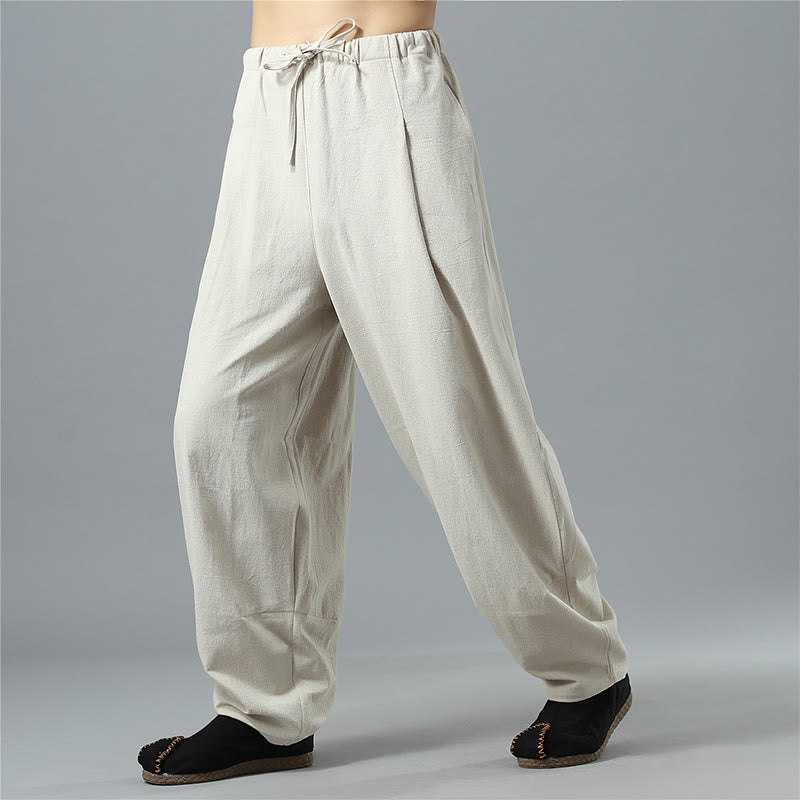 Pantalon décontracté en coton et lin pour homme avec cordon de serrage et poches, couleur unie, Buddha Stones - image 26