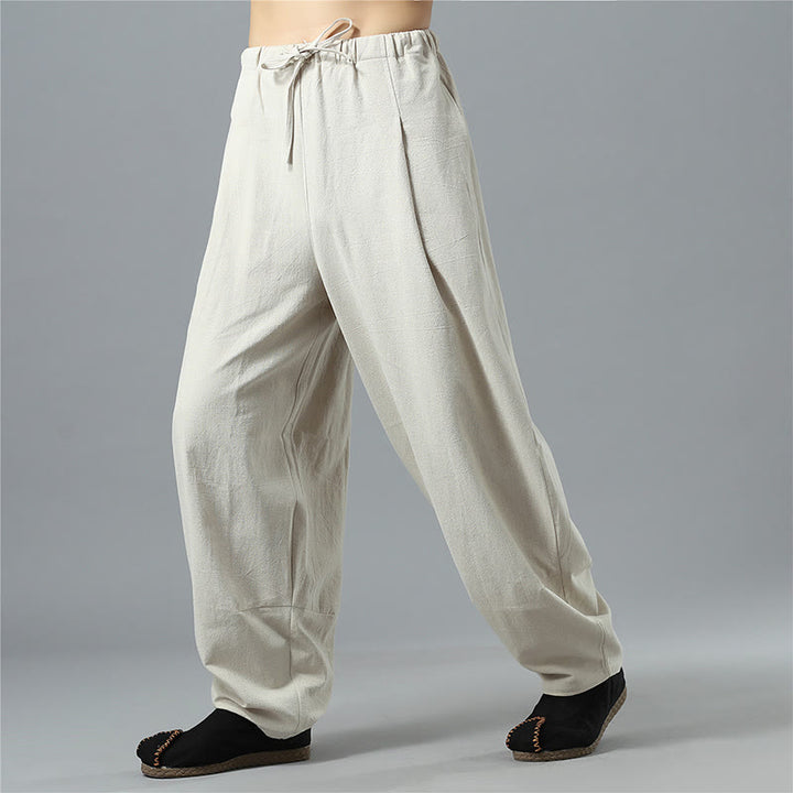 Pantalon décontracté en coton et lin pour homme avec cordon de serrage et poches, couleur unie, Buddha Stones - image 26