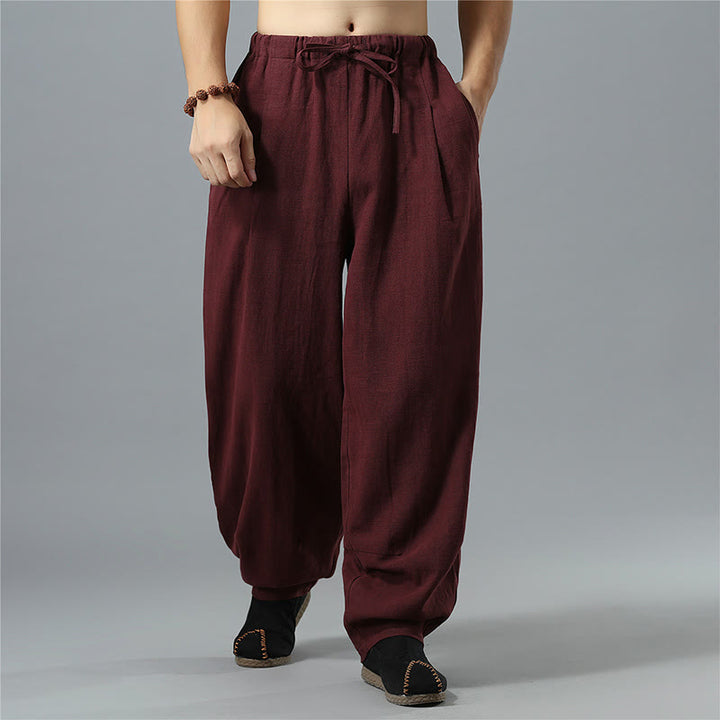 Pantalon décontracté en coton et lin pour homme avec cordon de serrage et poches, couleur unie, Buddha Stones - image 22
