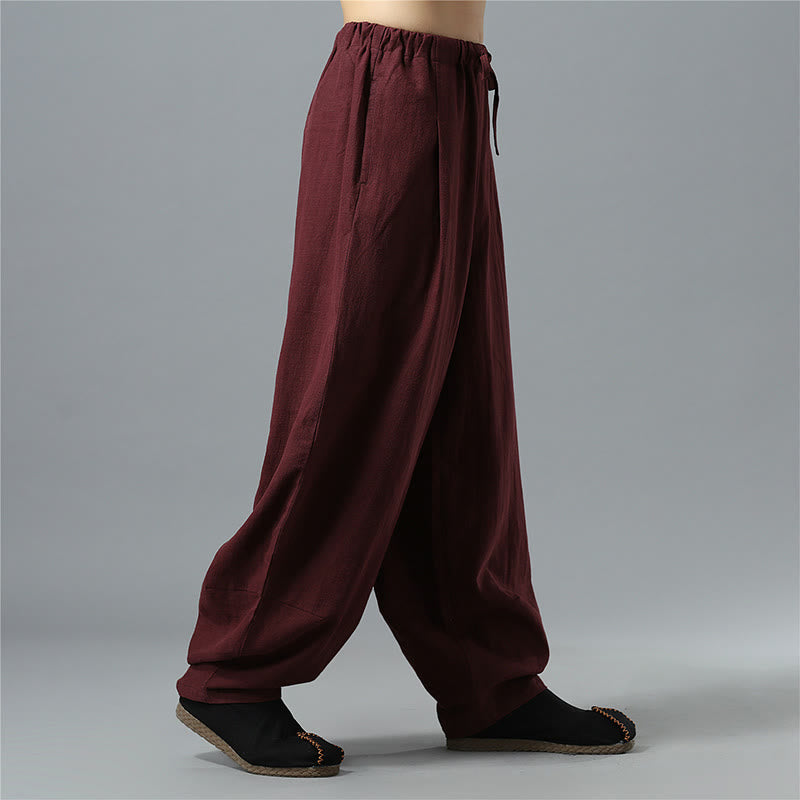 Pantalon décontracté en coton et lin pour homme avec cordon de serrage et poches, couleur unie, Buddha Stones - image 24