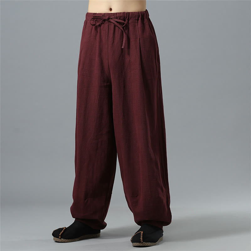 Pantalon décontracté en coton et lin pour homme avec cordon de serrage et poches, couleur unie, Buddha Stones - image 20