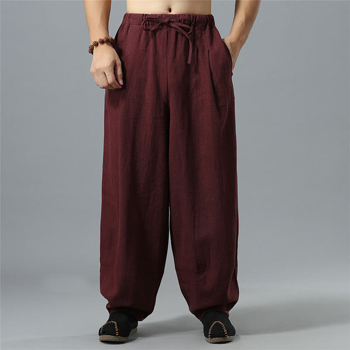 Pantalon décontracté en coton et lin pour homme avec cordon de serrage et poches, couleur unie, Buddha Stones - image 18