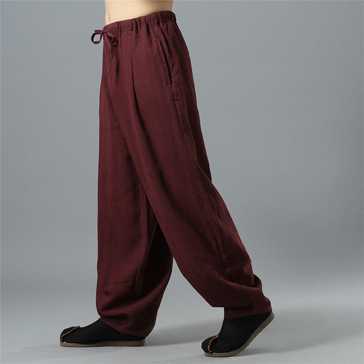 Pantalon décontracté en coton et lin pour homme avec cordon de serrage et poches, couleur unie, Buddha Stones - image 19