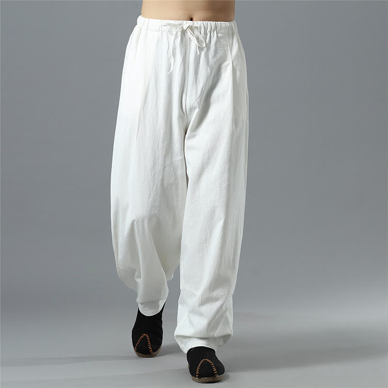 Pantalon décontracté en coton et lin pour homme avec cordon de serrage et poches, couleur unie, Buddha Stones - image 3