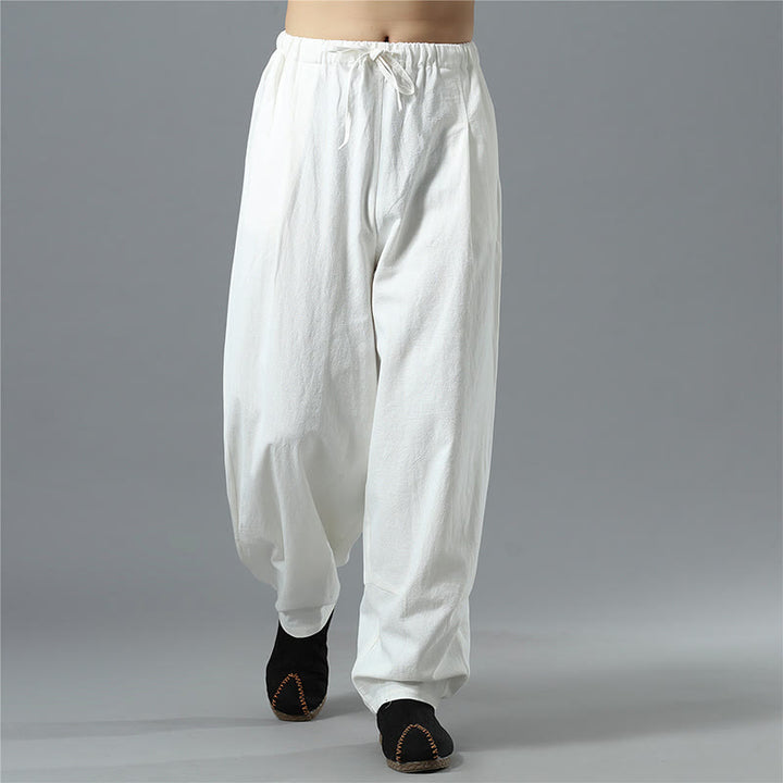 Pantalon décontracté en coton et lin pour homme avec cordon de serrage et poches, couleur unie, Buddha Stones - image 3
