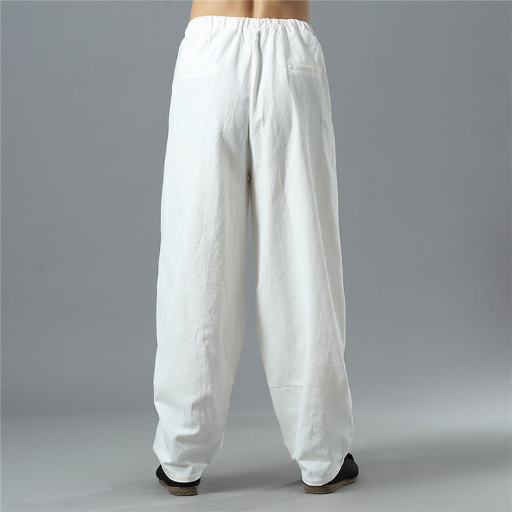 Pantalon décontracté en coton et lin pour homme avec cordon de serrage et poches, couleur unie, Buddha Stones - image 6