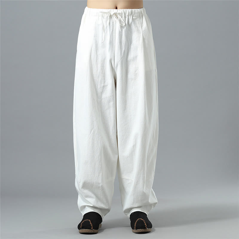 Pantalon décontracté en coton et lin pour homme avec cordon de serrage et poches, couleur unie, Buddha Stones - Blanc - US/UK/AU40，EU50 (2XL) - image 1