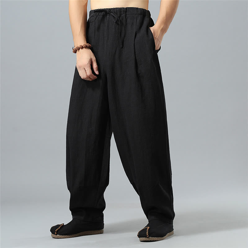 Pantalon décontracté en coton et lin pour homme avec cordon de serrage et poches, couleur unie, Buddha Stones - image 11