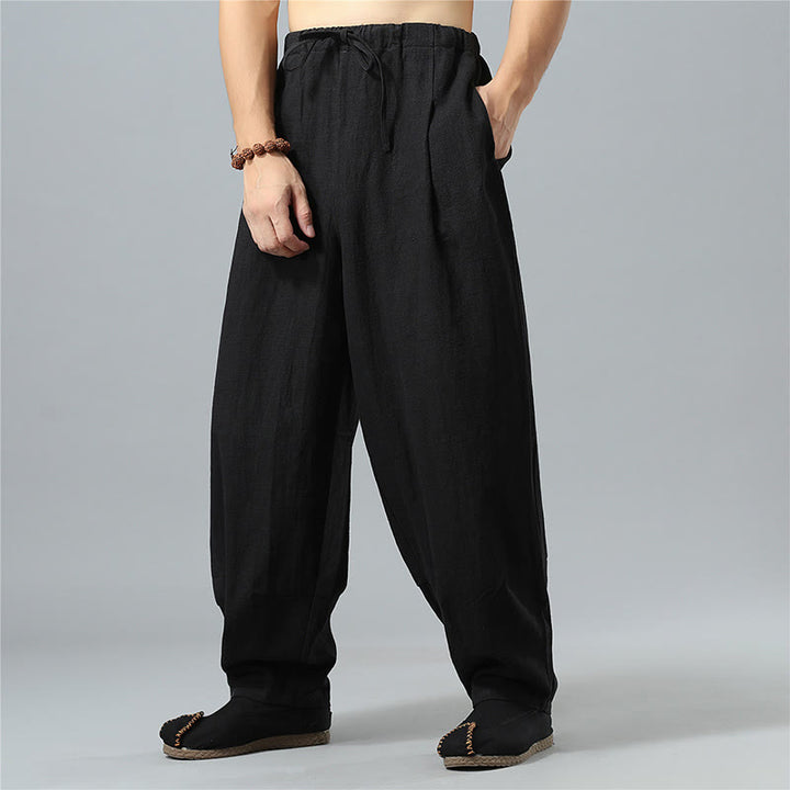 Pantalon décontracté en coton et lin pour homme avec cordon de serrage et poches, couleur unie, Buddha Stones - image 11