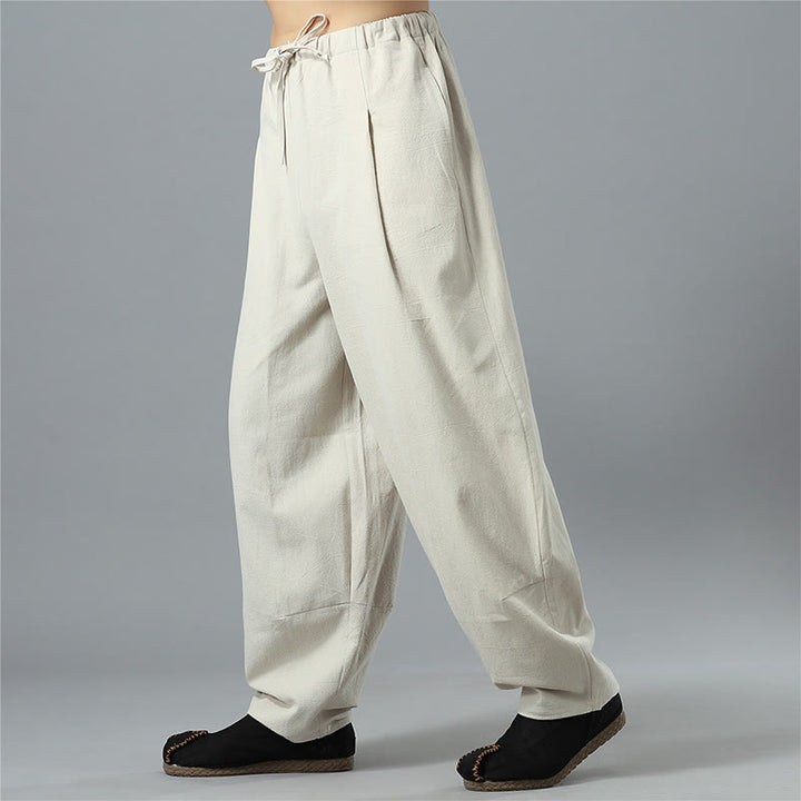 Pantalon décontracté en coton et lin pour homme avec cordon de serrage et poches, couleur unie, Buddha Stones - image 27