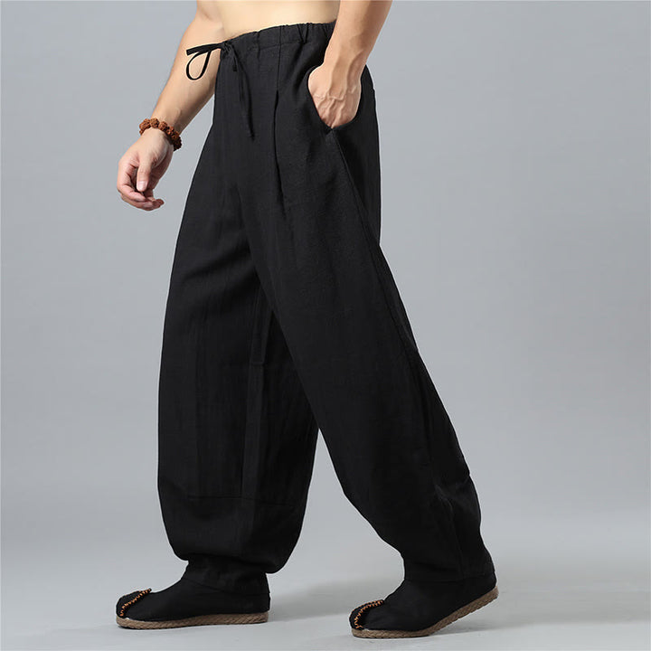 Pantalon décontracté en coton et lin pour homme avec cordon de serrage et poches, couleur unie, Buddha Stones - image 13