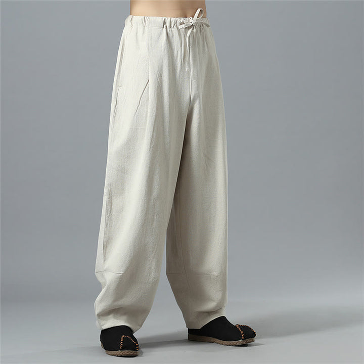 Pantalon décontracté en coton et lin pour homme avec cordon de serrage et poches, couleur unie, Buddha Stones - image 31