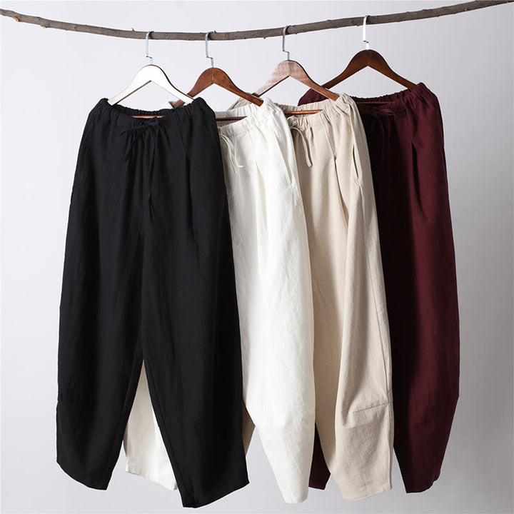 Pantalon décontracté en coton et lin pour homme avec cordon de serrage et poches, couleur unie, Buddha Stones - image 2