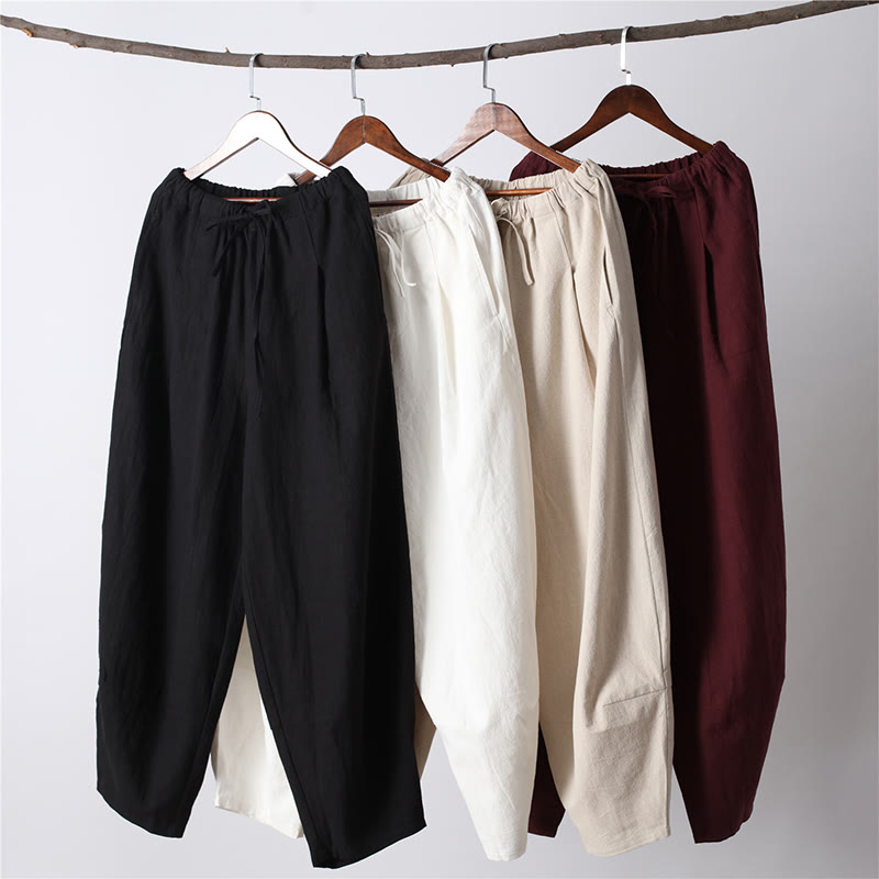 Pantalon décontracté en coton et lin pour homme avec cordon de serrage et poches, couleur unie, Buddha Stones - image 2
