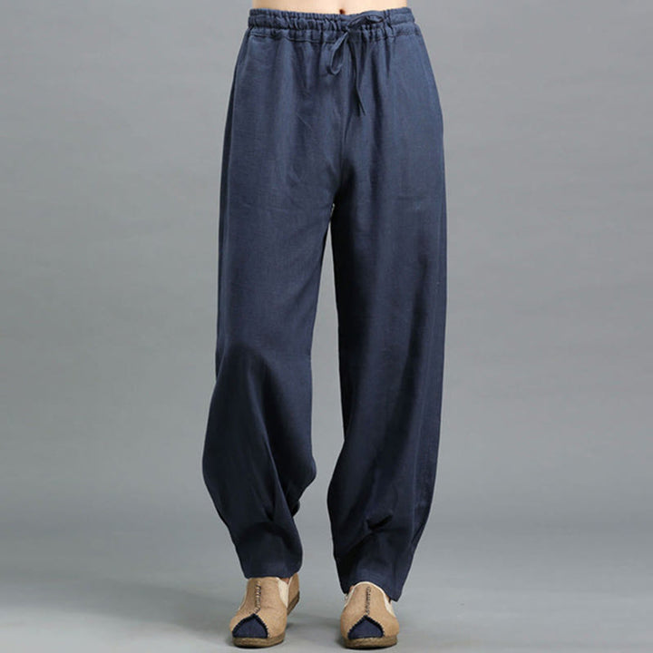 Pantalon décontracté en lin ramie avec cordon élastique de serrage de couleur unie Buddha Stones pour homme avec poches - image 2
