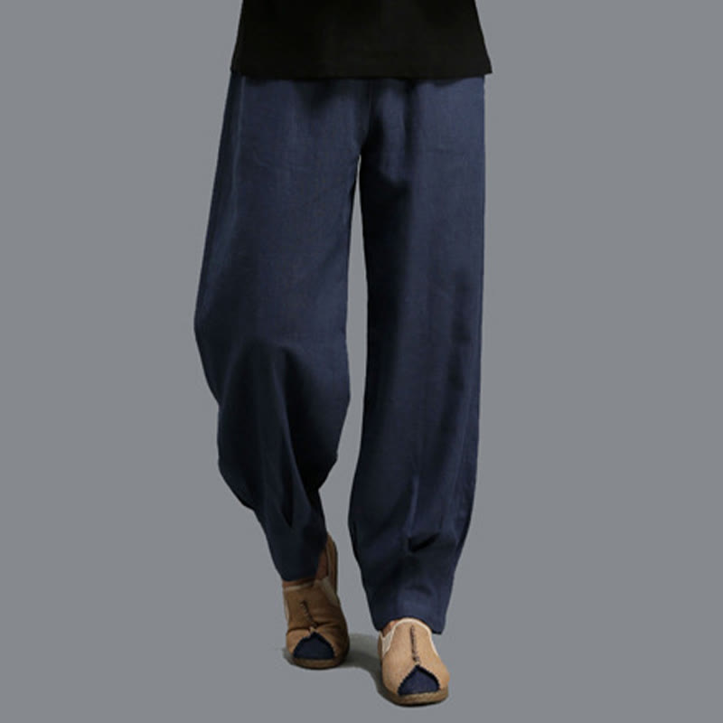 Pantalon décontracté en lin ramie avec cordon élastique de serrage de couleur unie Buddha Stones pour homme avec poches - image 10