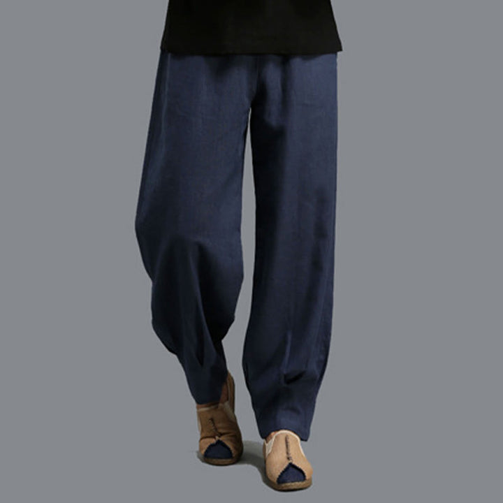 Pantalon décontracté en lin ramie avec cordon élastique de serrage de couleur unie Buddha Stones pour homme avec poches - image 10