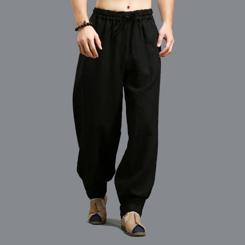 Pantalon décontracté en lin ramie avec cordon élastique de serrage de couleur unie Buddha Stones pour homme avec poches - image 16