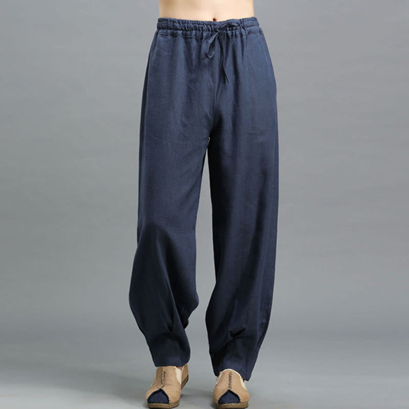 Pantalon décontracté en lin ramie avec cordon élastique de serrage de couleur unie Buddha Stones pour homme avec poches - Bleu foncé - US/UK/AU38， EU48 (XL) - image 0