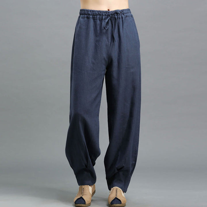 Pantalon décontracté en lin ramie avec cordon élastique de serrage de couleur unie Buddha Stones pour homme avec poches - Bleu foncé - US/UK/AU38， EU48 (XL) - image 0
