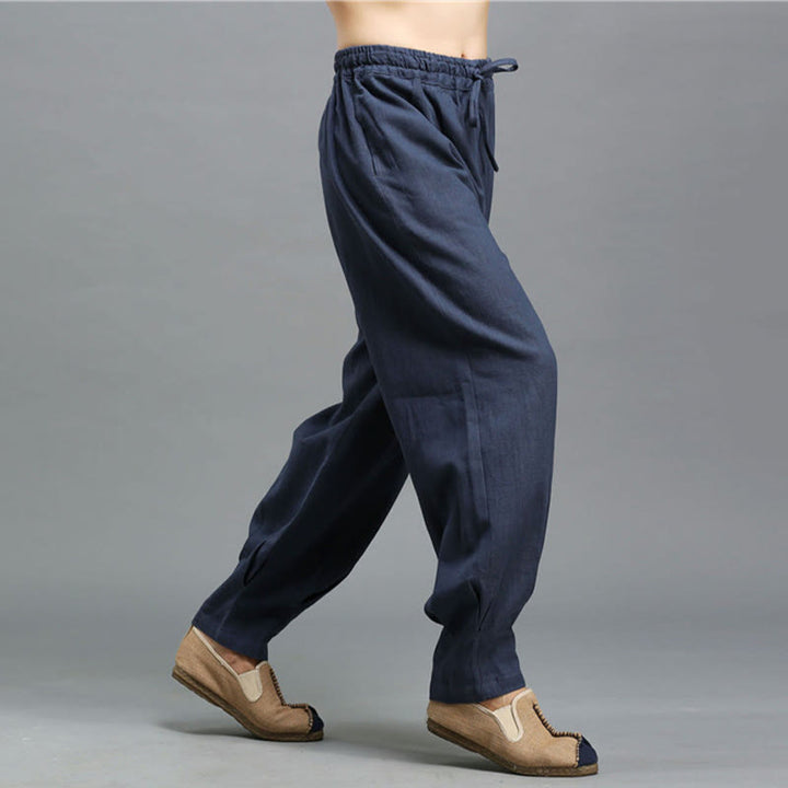 Pantalon décontracté en lin ramie avec cordon élastique de serrage de couleur unie Buddha Stones pour homme avec poches - image 6