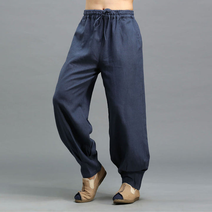 Pantalon décontracté en lin ramie avec cordon élastique de serrage de couleur unie Buddha Stones pour homme avec poches - image 9