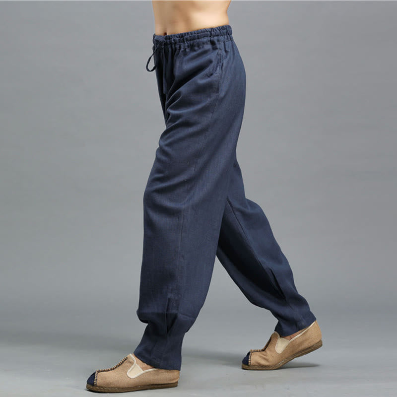 Pantalon décontracté en lin ramie avec cordon élastique de serrage de couleur unie Buddha Stones pour homme avec poches - image 7