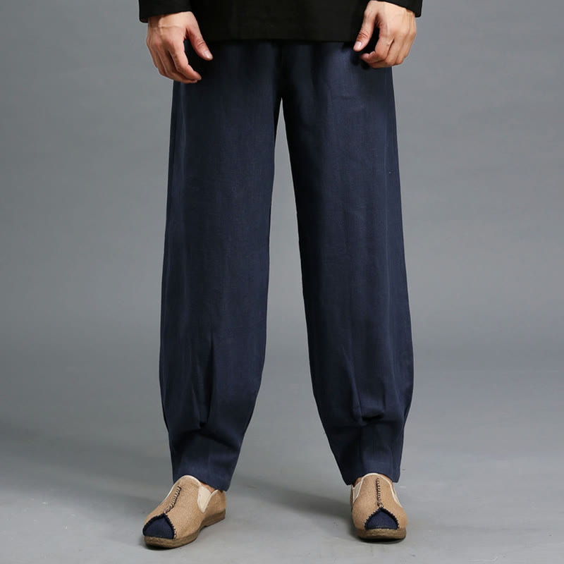 Pantalon décontracté en lin ramie avec cordon élastique de serrage de couleur unie Buddha Stones pour homme avec poches - image 11