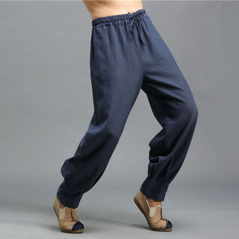 Pantalon décontracté en lin ramie avec cordon élastique de serrage de couleur unie Buddha Stones pour homme avec poches - image 3