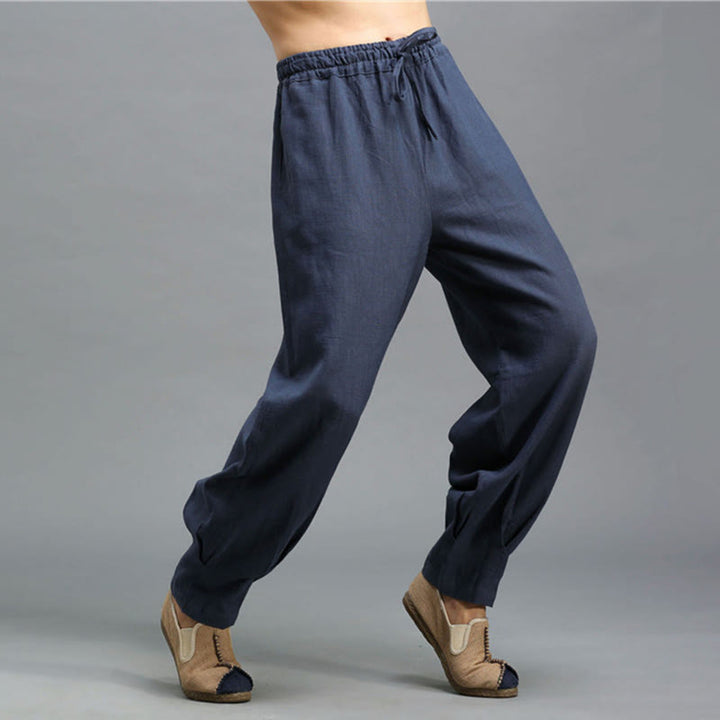 Pantalon décontracté en lin ramie avec cordon élastique de serrage de couleur unie Buddha Stones pour homme avec poches - image 3