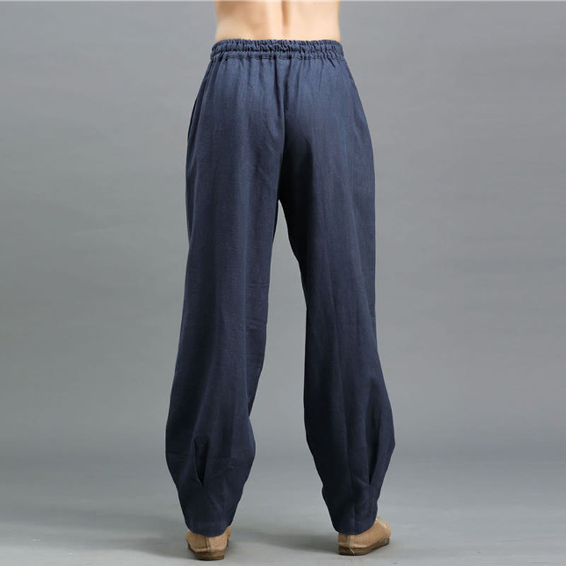 Pantalon décontracté en lin ramie avec cordon élastique de serrage de couleur unie Buddha Stones pour homme avec poches - image 4