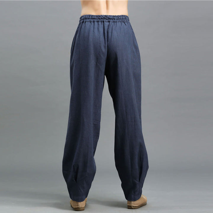 Pantalon décontracté en lin ramie avec cordon élastique de serrage de couleur unie Buddha Stones pour homme avec poches - image 4
