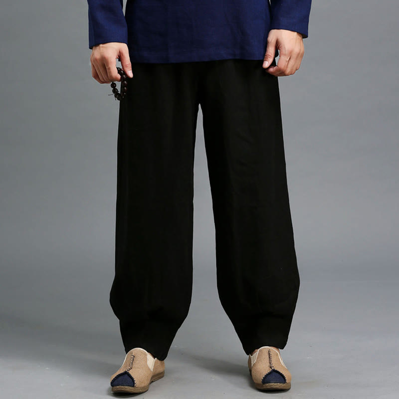 Pantalon décontracté en lin ramie avec cordon élastique de serrage de couleur unie Buddha Stones pour homme avec poches - image 19