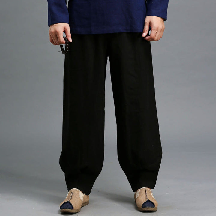 Pantalon décontracté en lin ramie avec cordon élastique de serrage de couleur unie Buddha Stones pour homme avec poches - image 19