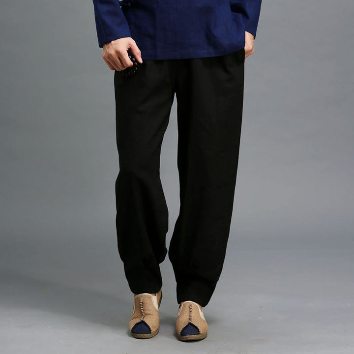 Pantalon décontracté en lin ramie avec cordon élastique de serrage de couleur unie Buddha Stones pour homme avec poches - image 20