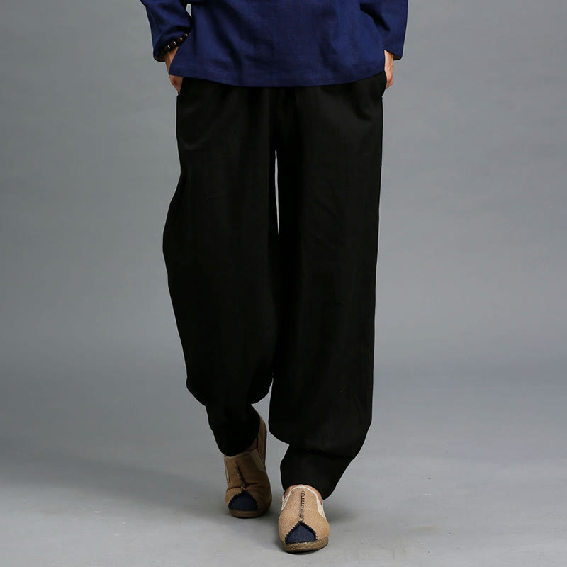 Pantalon décontracté en lin ramie avec cordon élastique de serrage de couleur unie Buddha Stones pour homme avec poches - image 21