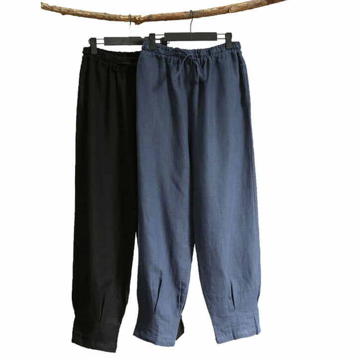 Pantalon décontracté en lin ramie avec cordon élastique de serrage de couleur unie Buddha Stones pour homme avec poches - image 1