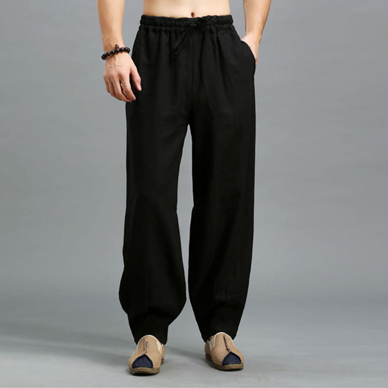 Pantalon décontracté en lin ramie avec cordon élastique de serrage de couleur unie Buddha Stones pour homme avec poches - image 13