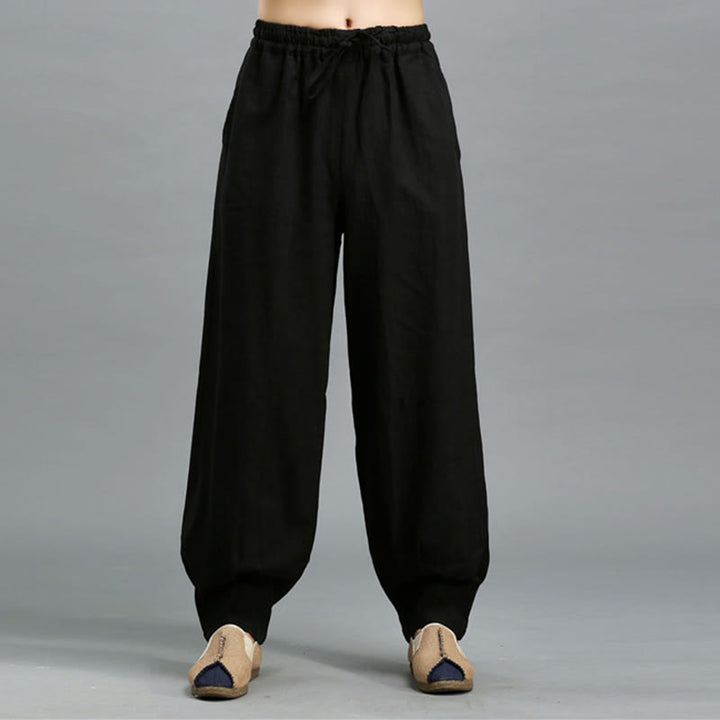 Pantalon décontracté en lin ramie avec cordon élastique de serrage de couleur unie Buddha Stones pour homme avec poches - Noir - US/UK/AU38, EU48 (XL) - image 12