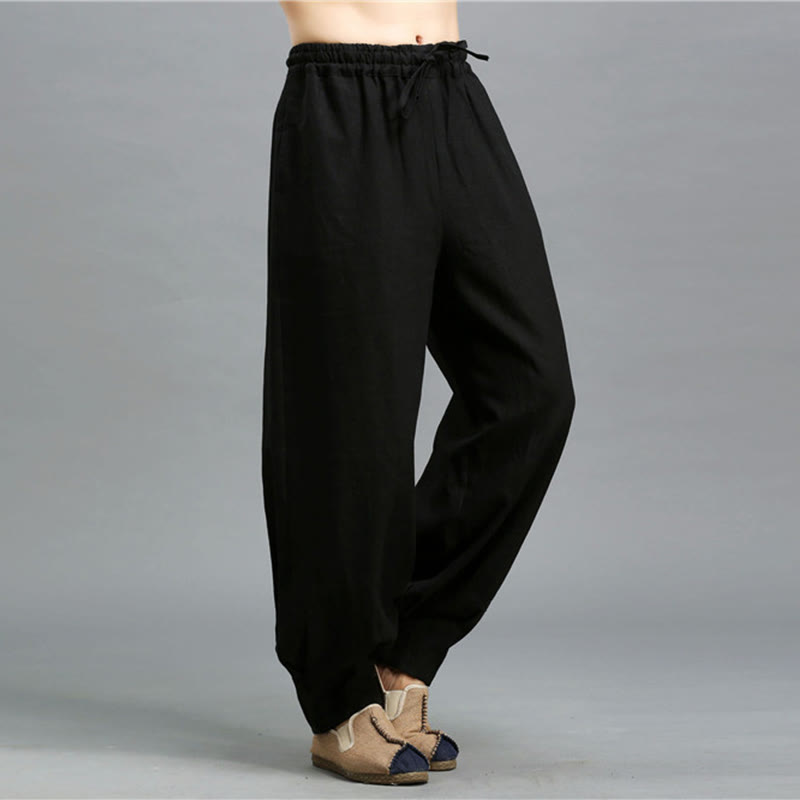 Pantalon décontracté en lin ramie avec cordon élastique de serrage de couleur unie Buddha Stones pour homme avec poches - image 17