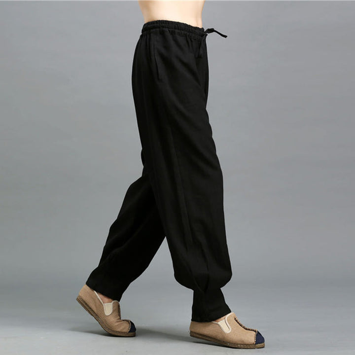 Pantalon décontracté en lin ramie avec cordon élastique de serrage de couleur unie Buddha Stones pour homme avec poches - image 18