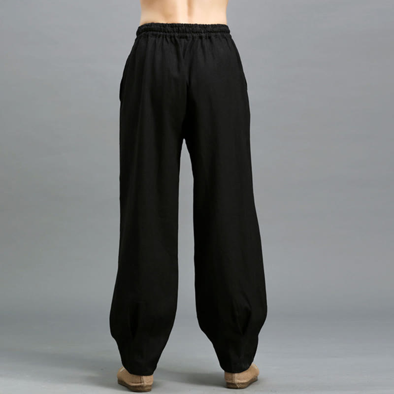 Pantalon décontracté en lin ramie avec cordon élastique de serrage de couleur unie Buddha Stones pour homme avec poches - image 15