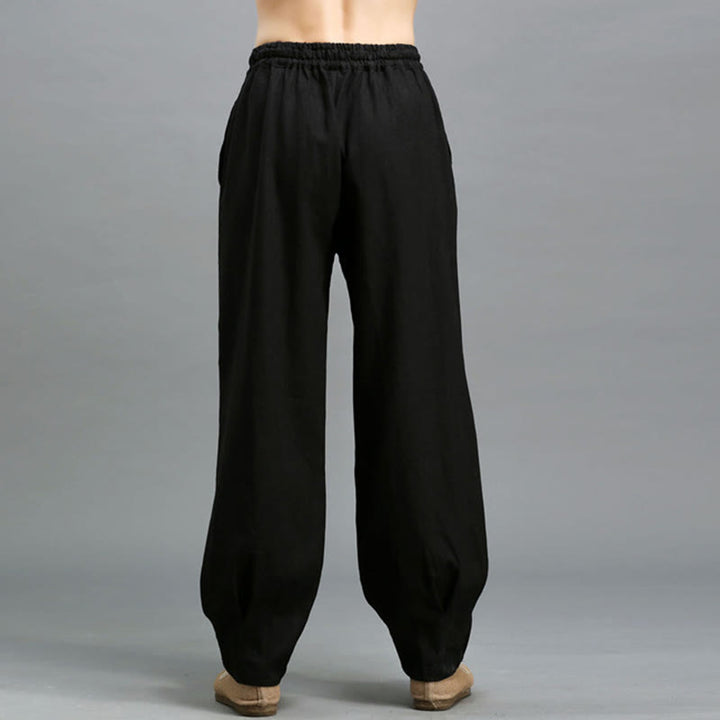 Pantalon décontracté en lin ramie avec cordon élastique de serrage de couleur unie Buddha Stones pour homme avec poches - image 15