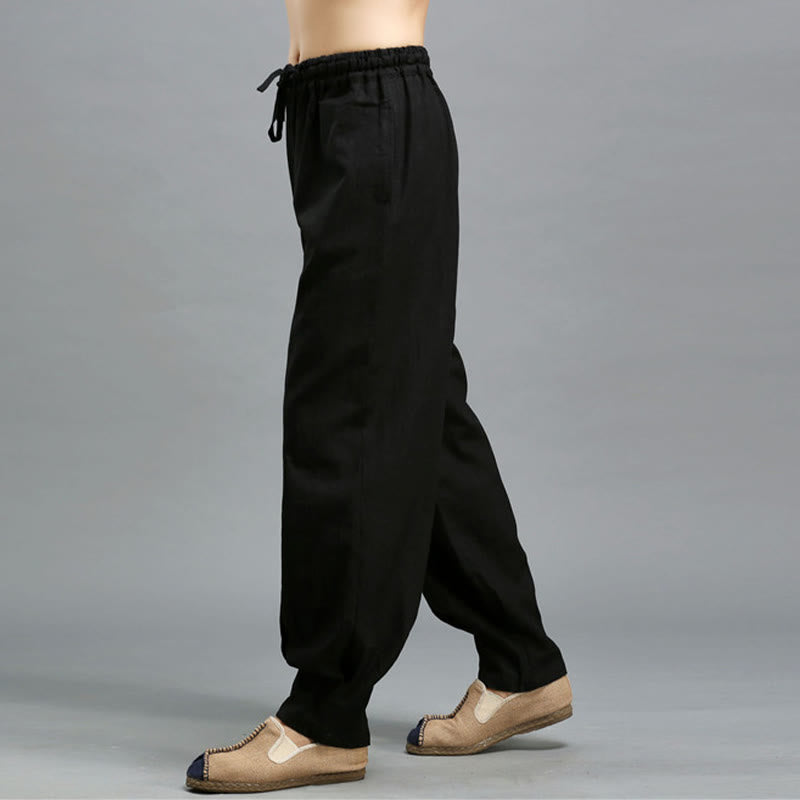 Pantalon décontracté en lin ramie avec cordon élastique de serrage de couleur unie Buddha Stones pour homme avec poches - image 14